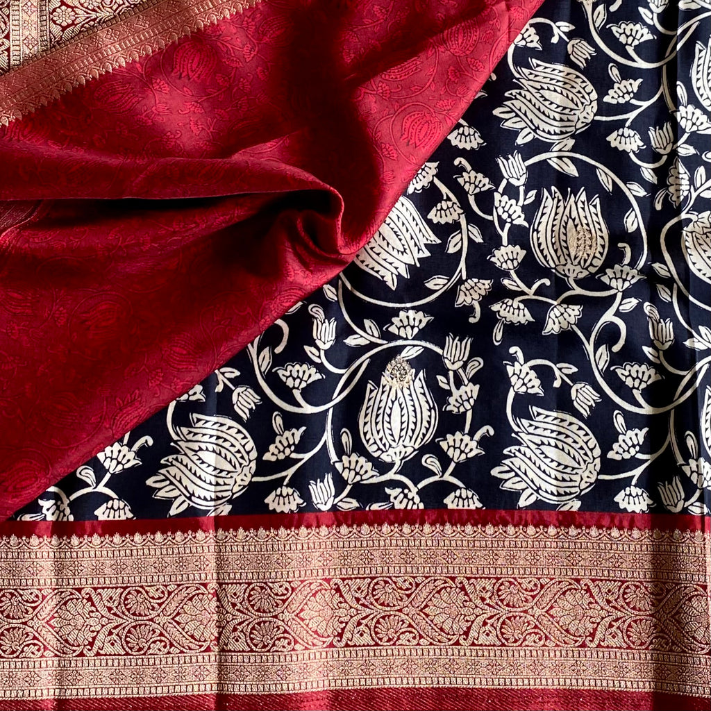 Jet Black Kalamkari Soft Tussar Silk with Rich Maroon Pallu