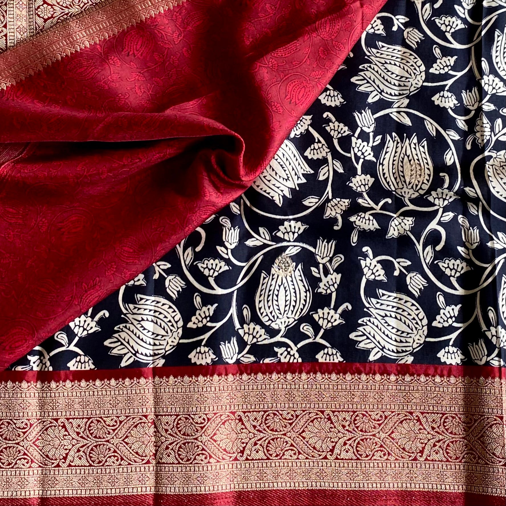 Jet Black Kalamkari Soft Tussar Silk with Rich Maroon Pallu