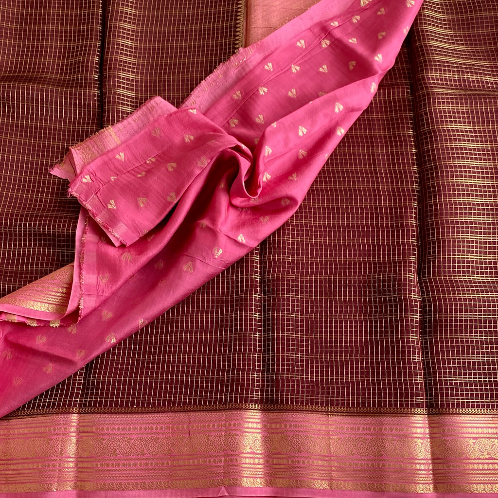 Deep Maroon Soft Crepe Silk Saree Rani Pink Pallu Gold Checks