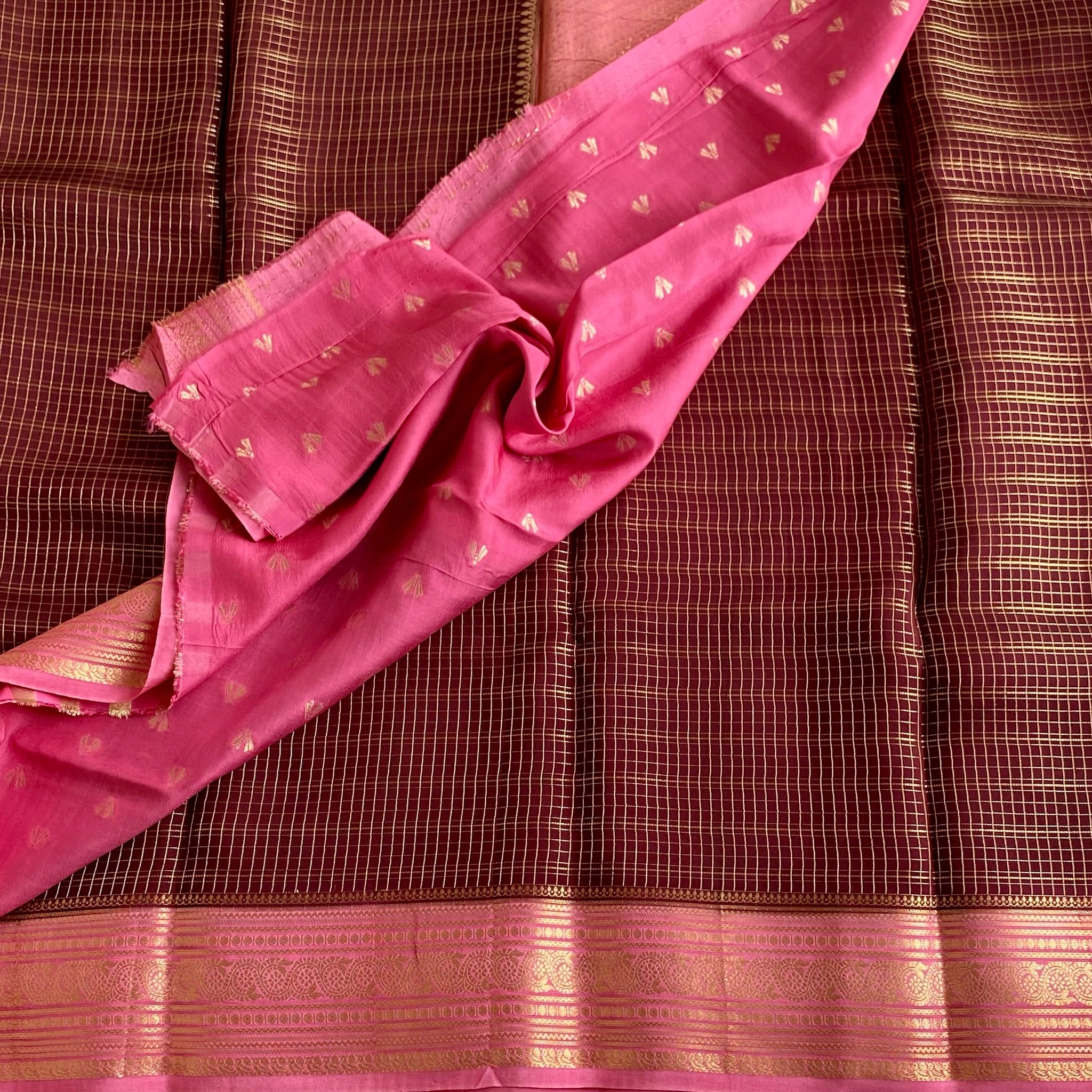 Deep Maroon Soft Crepe Silk Saree Rani Pink Pallu Gold Checks