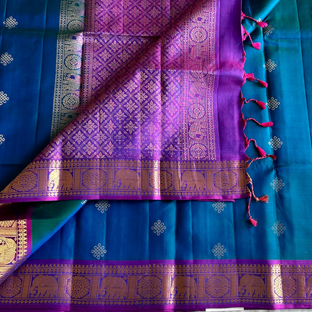 Dual Shaded Peacock Blue Designer Pure Silk Kollam Zari Weave