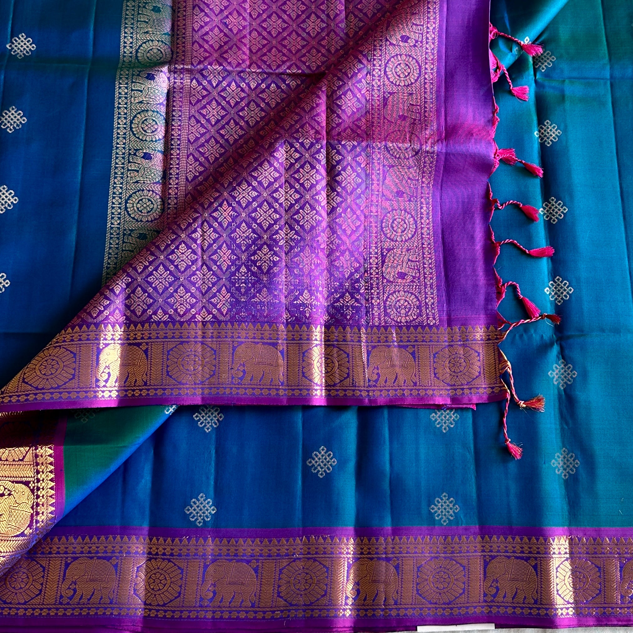 Dual Shaded Peacock Blue Designer Pure Silk Kollam Zari Weave
