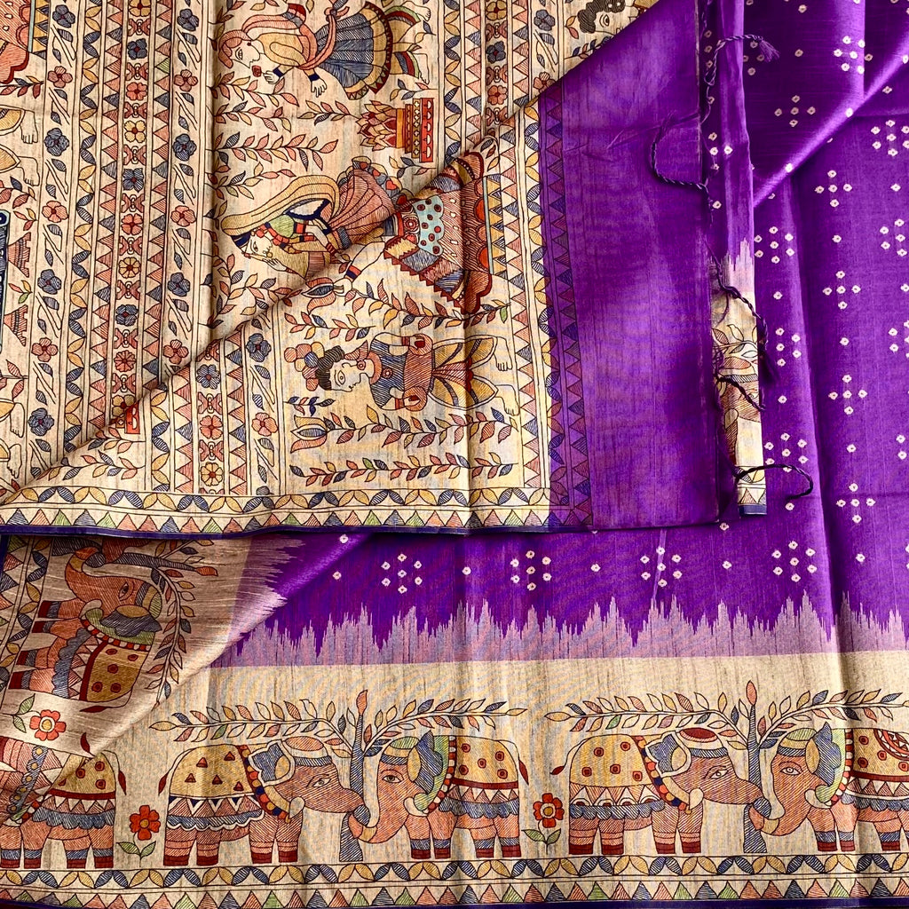 Rich Violet Soft Tusaar Silk with Printed Designer Warli Borders & Pallu