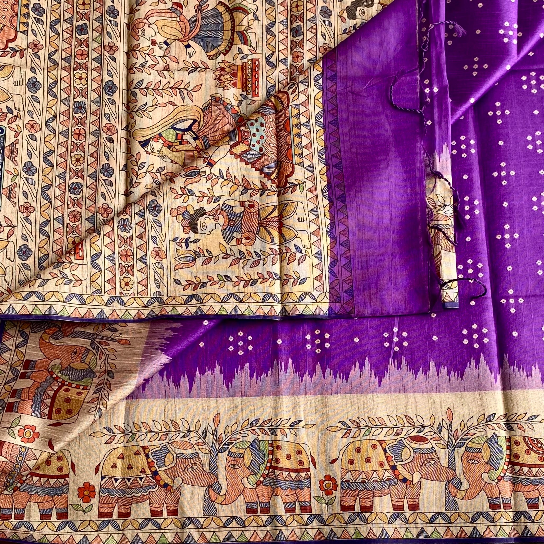 Rich Violet Soft Tusaar Silk with Printed Designer Warli Borders & Pallu