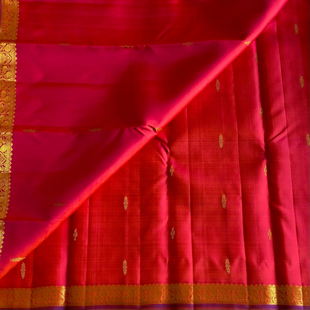 Kanakambari Red Kanjeevaram Pure Zari Silk Saree With Violet Gold Edging