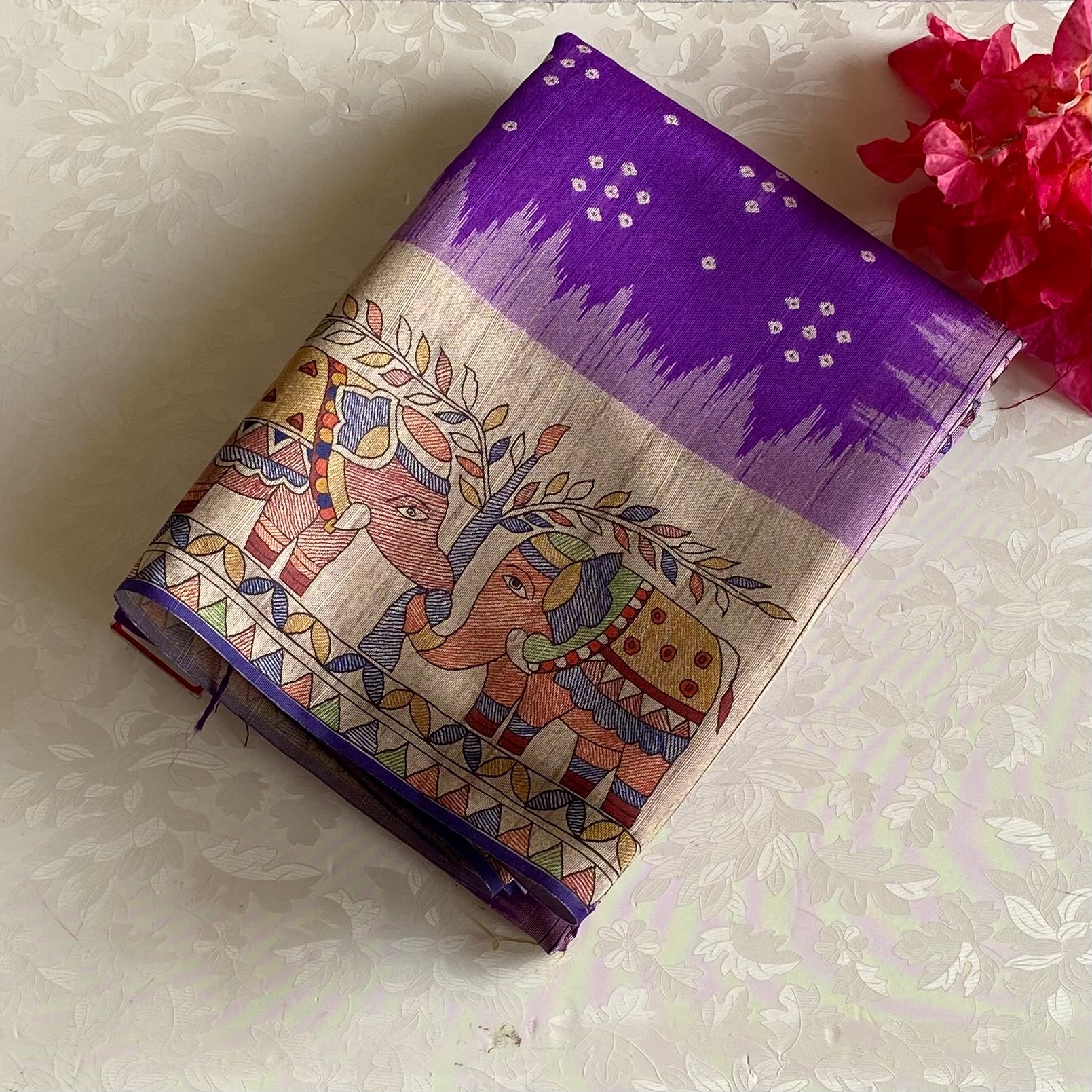 Rich Violet Soft Tusaar Silk with Printed Designer Warli Borders & Pallu