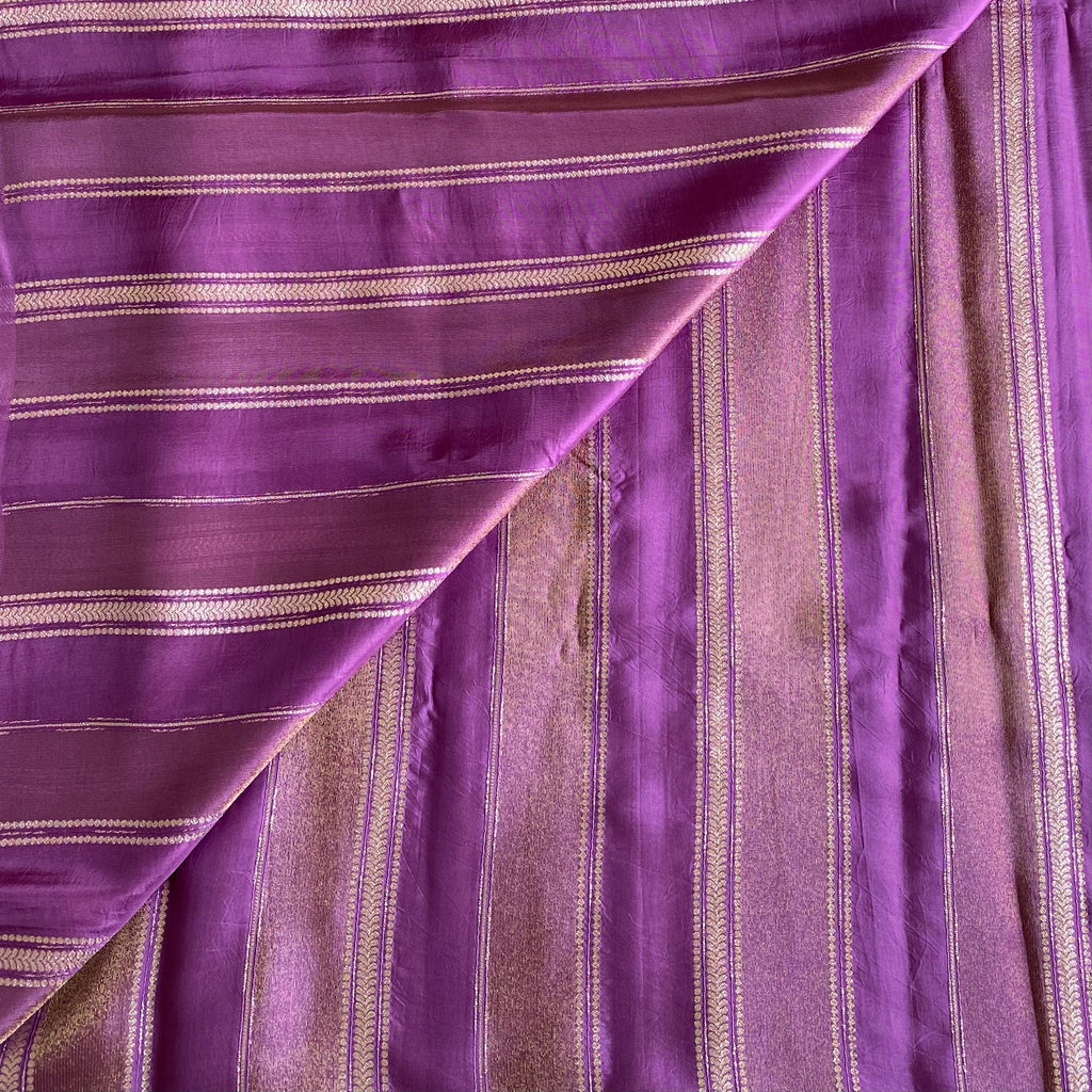 Metallic Lavender With Wine Soft Designer Saree With Gold Zari Striped Buttas