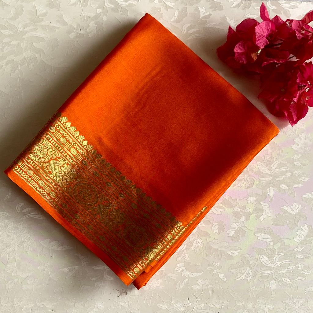 Sunset Orange Mysore Crepe Silk Saree With Metallic Gold Border