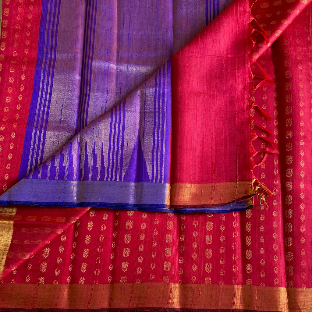 Tomato Pink with Violet Purple Handwoven Pure Raw Silk