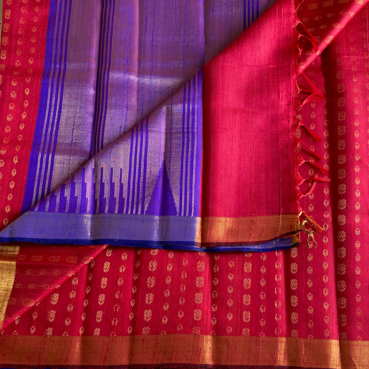 Tomato Pink with Violet Purple Handwoven Pure Raw Silk