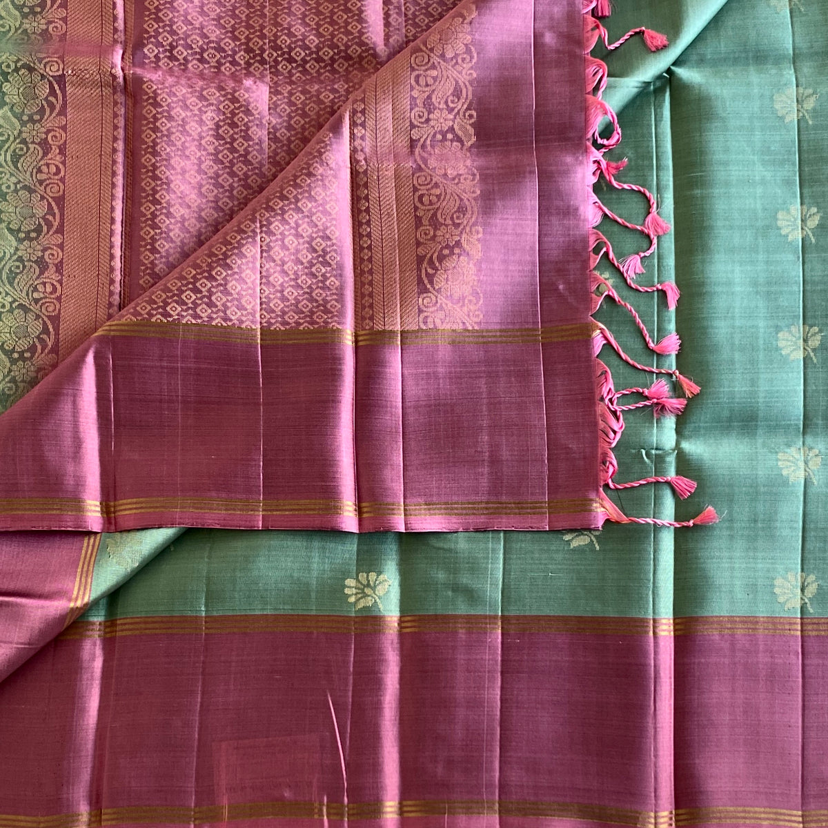 Metallic Sage Green Designer Pure Silk With Onion Pink Pallu