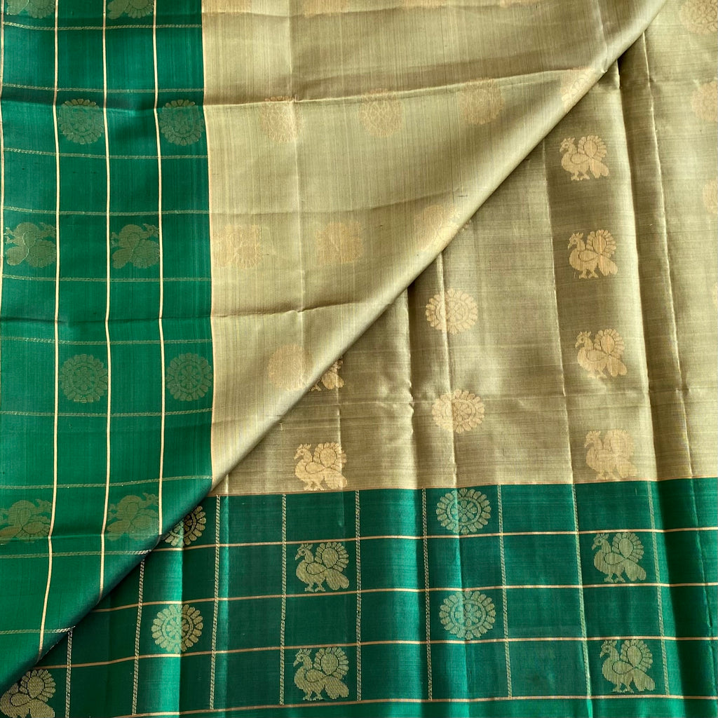 Olive Beige & Emerald Green Designer Pure Silk Saree Peacock Motifs