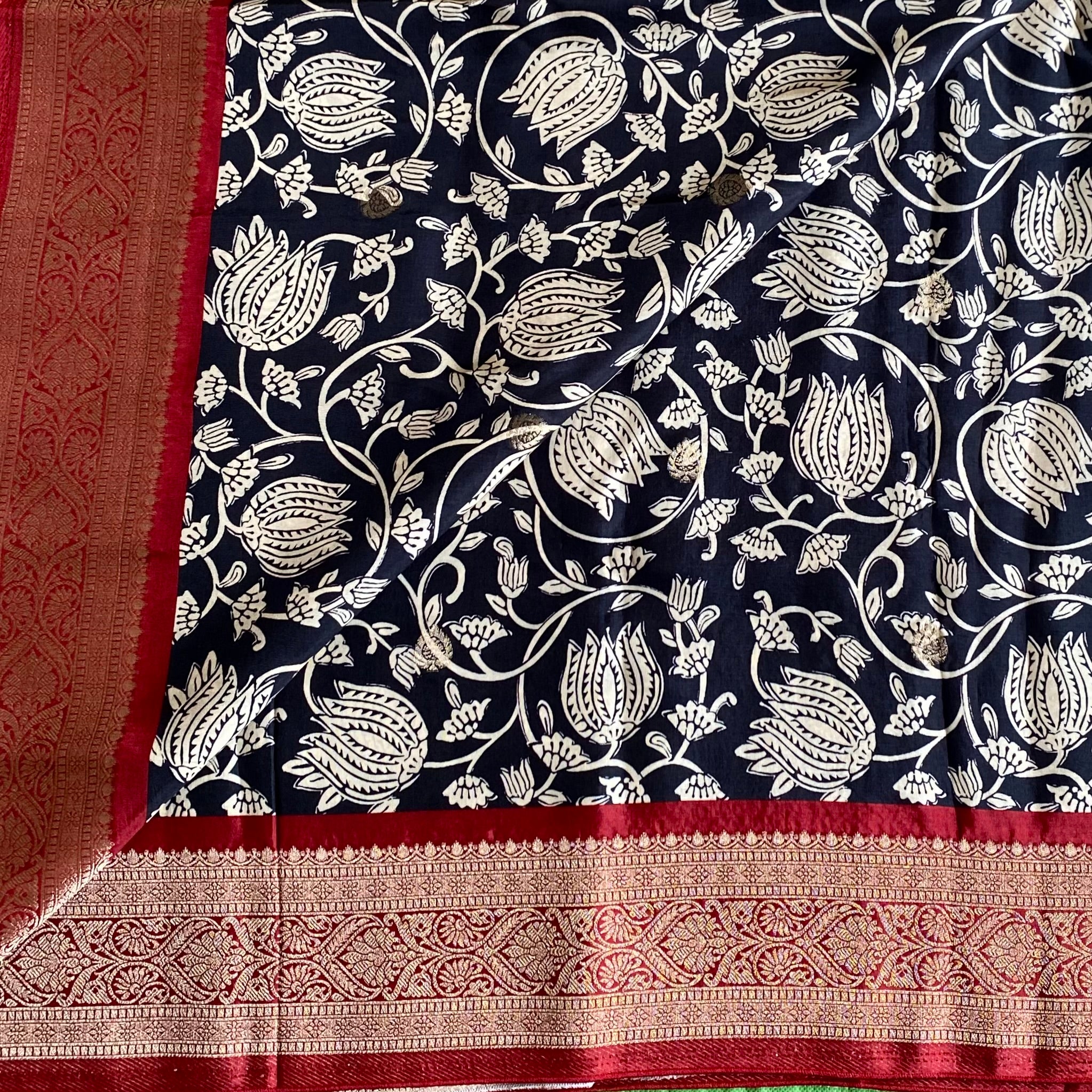 Jet Black Kalamkari Soft Tussar Silk with Rich Maroon Pallu