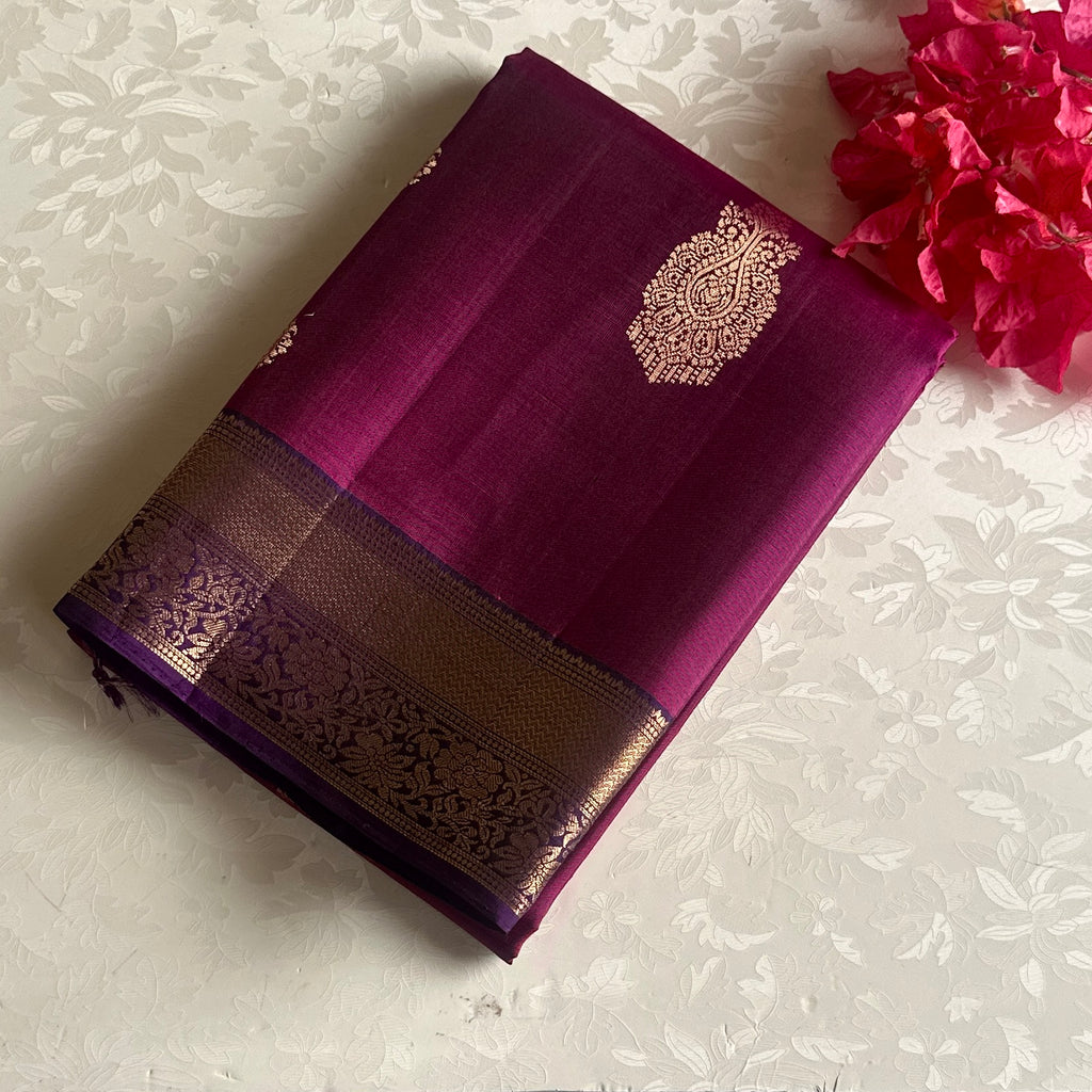 Berry Pink Lustrous Designer Pure Silk With Royal Purple Contrast