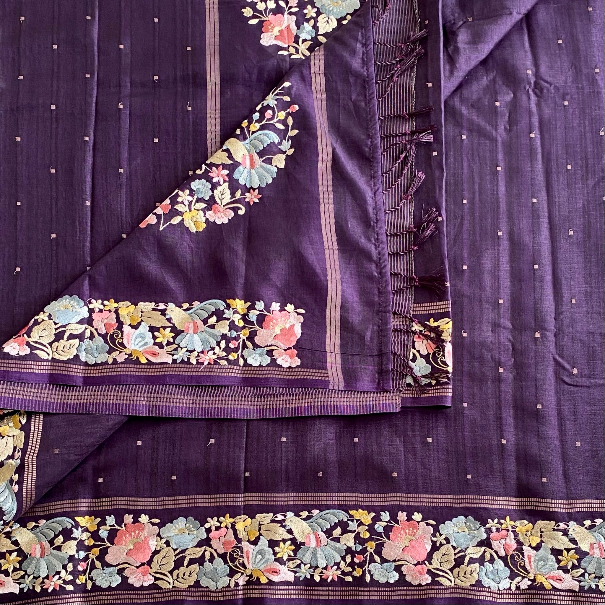 Deep Purple Soft Tussar Silk Saree With Embroidered Borders