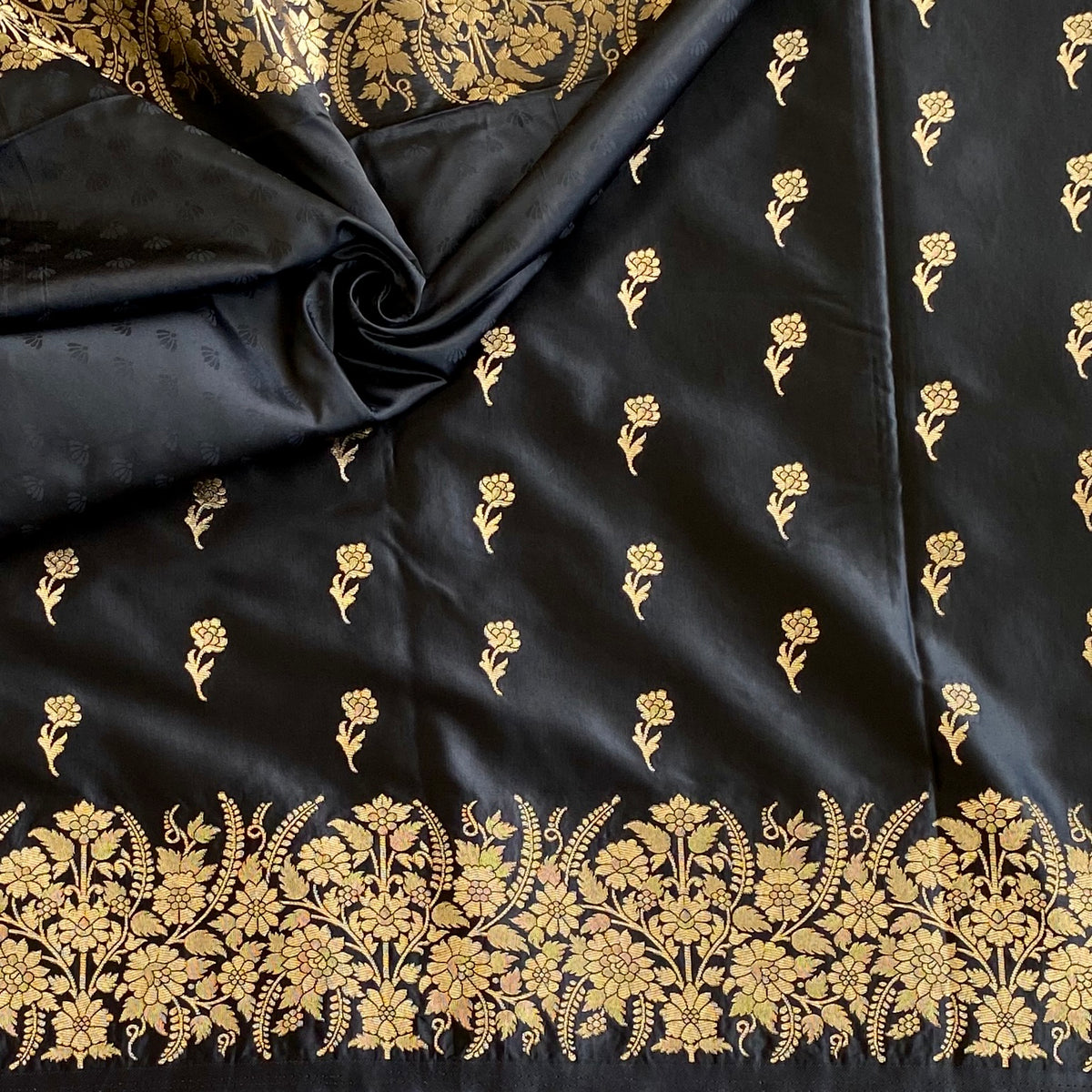 Jet Black gold zari woven designer soft gaji silk