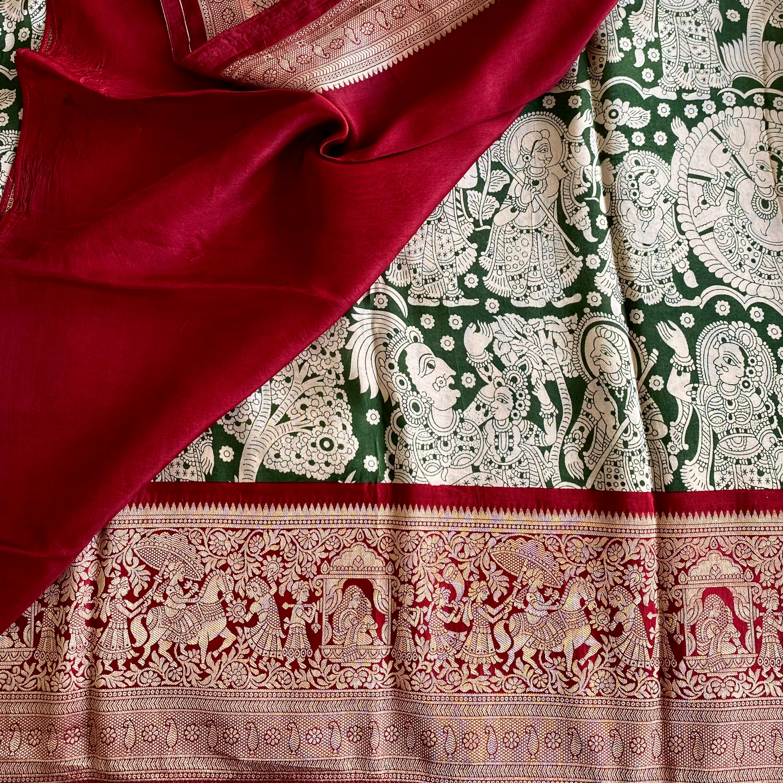 Forest Green Soft Kalamkari Tussar Silk Saree With Maroon Red Pallu