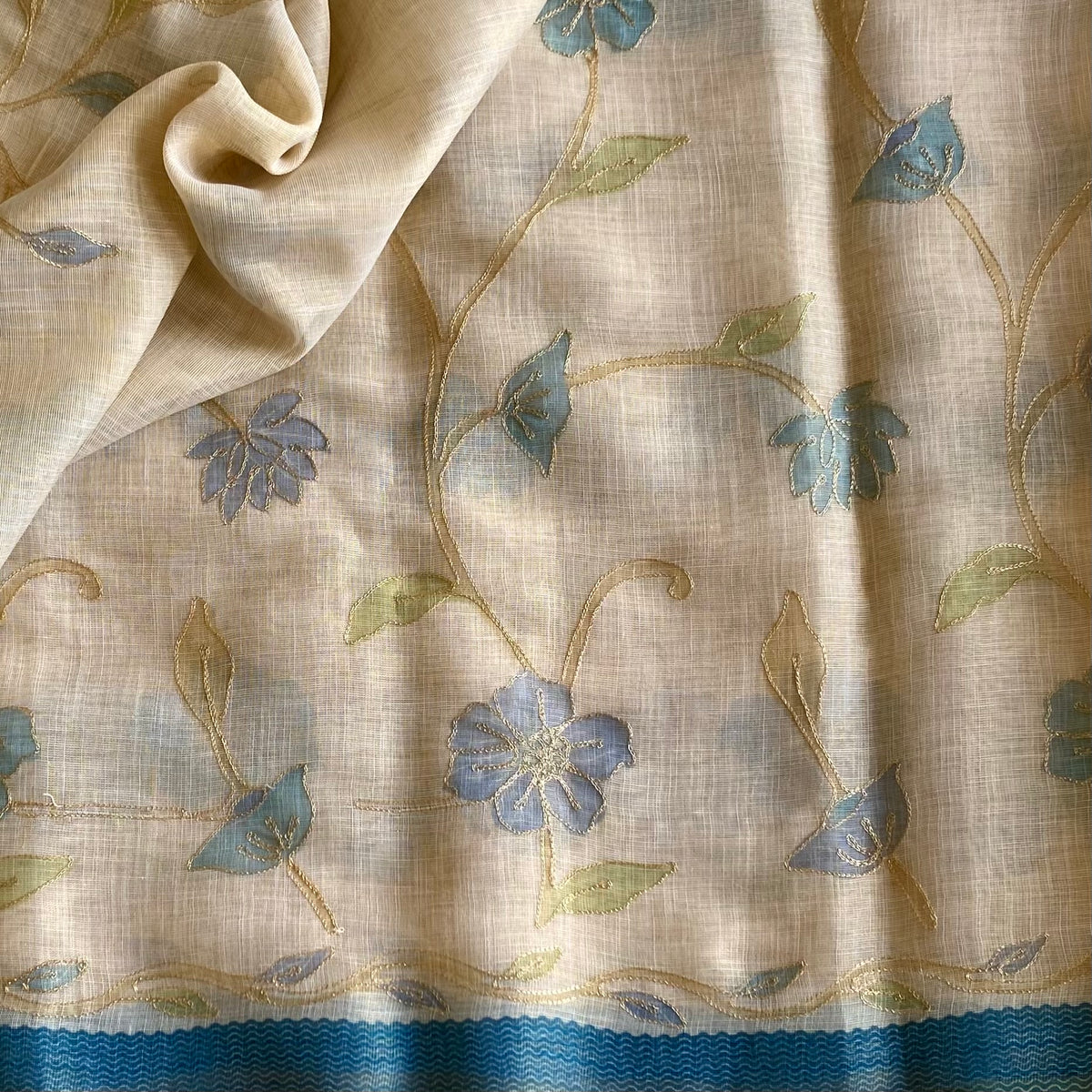 Pearl Beige & Blue Soft Tissue Linen With Designer Weave
