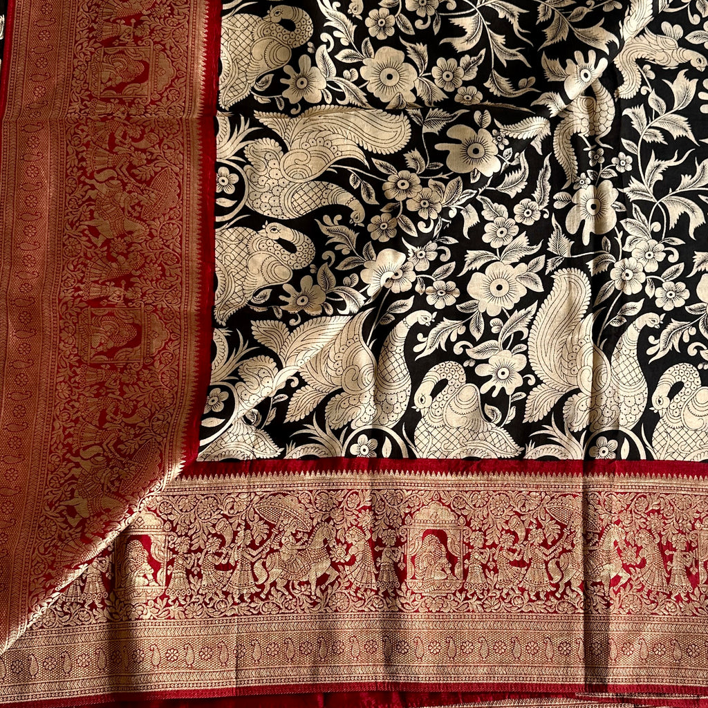 Jet Black Kalamkari Soft Tussar Silk Saree With Rich Maroon Temple Pallu