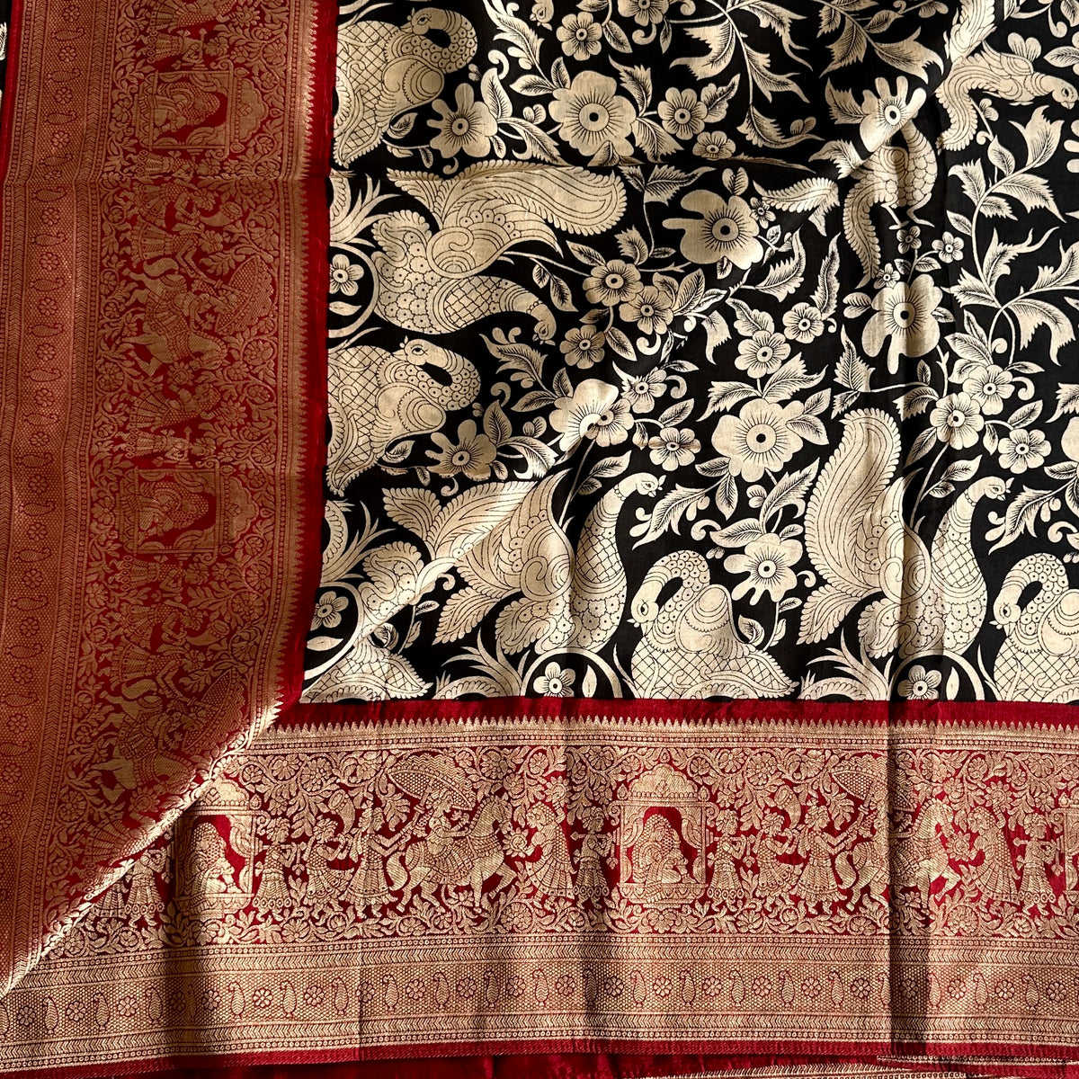 Jet Black Kalamkari Soft Tussar Silk Saree With Rich Maroon Temple Pallu