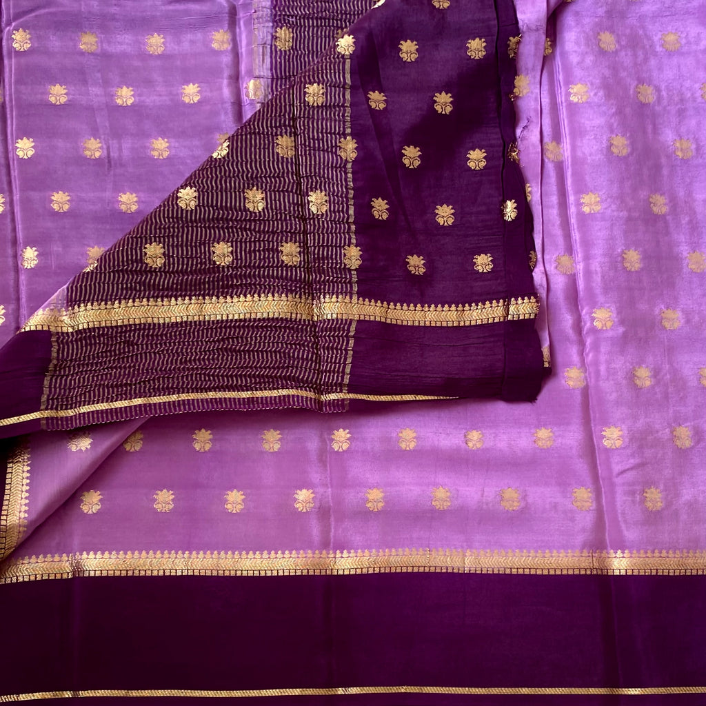 Lilac with deep purple soft crepe silk with zari woven buttas