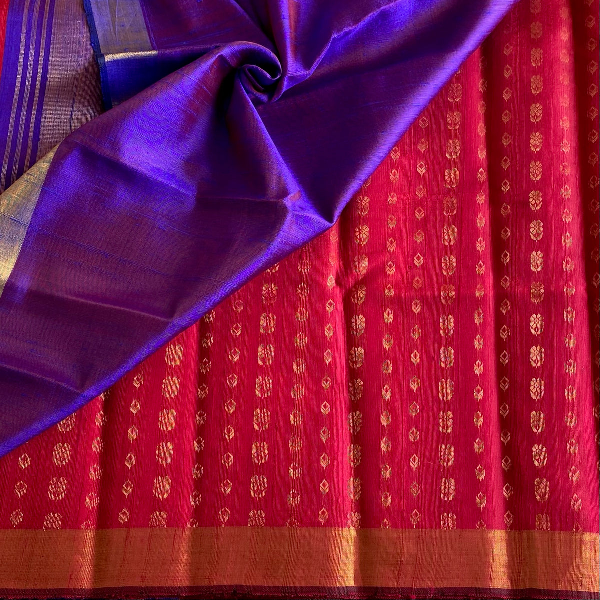 Tomato Pink with Violet Purple Handwoven Pure Raw Silk
