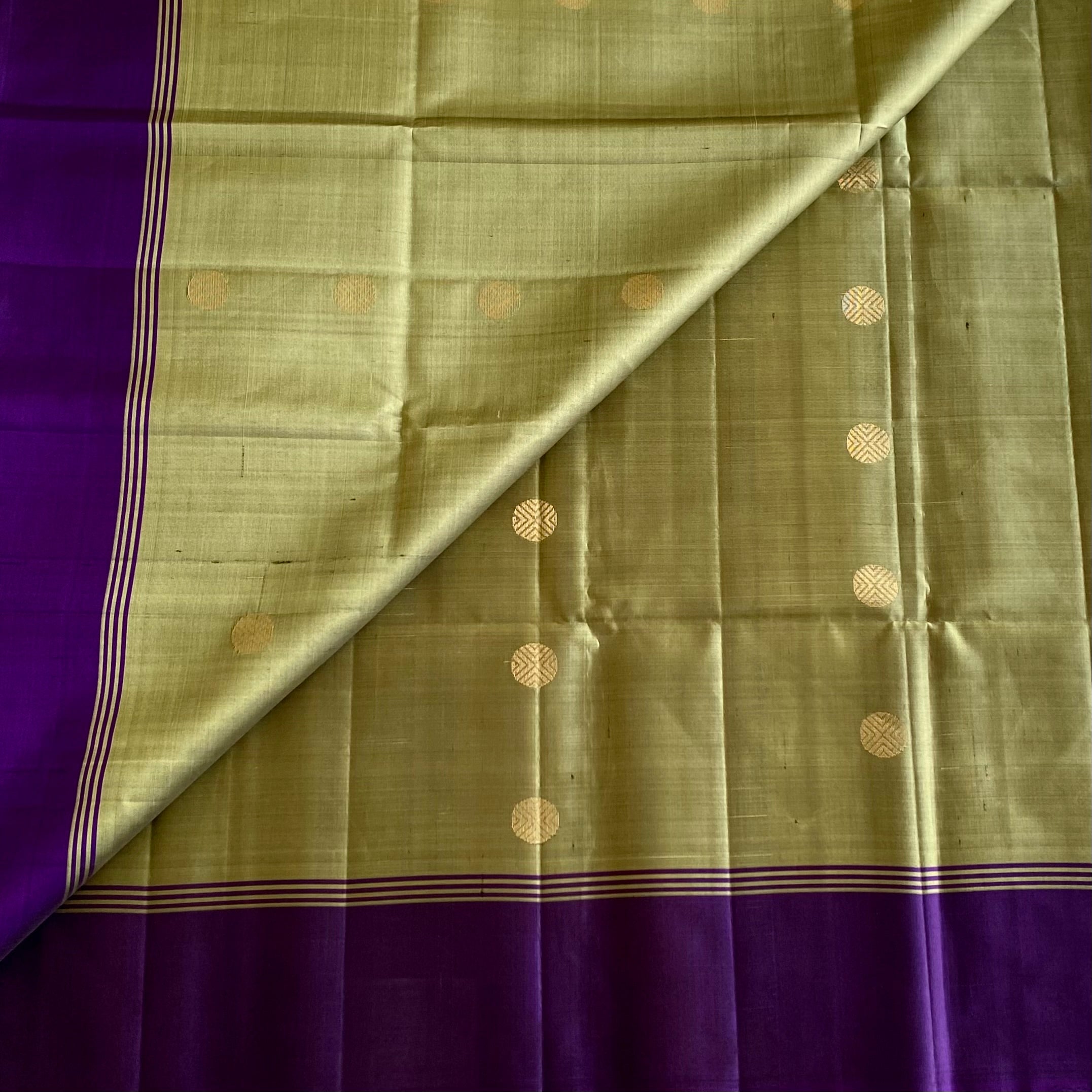 Dreamt Olive Green Designer Pure Silk Saree With Royal Purple Border