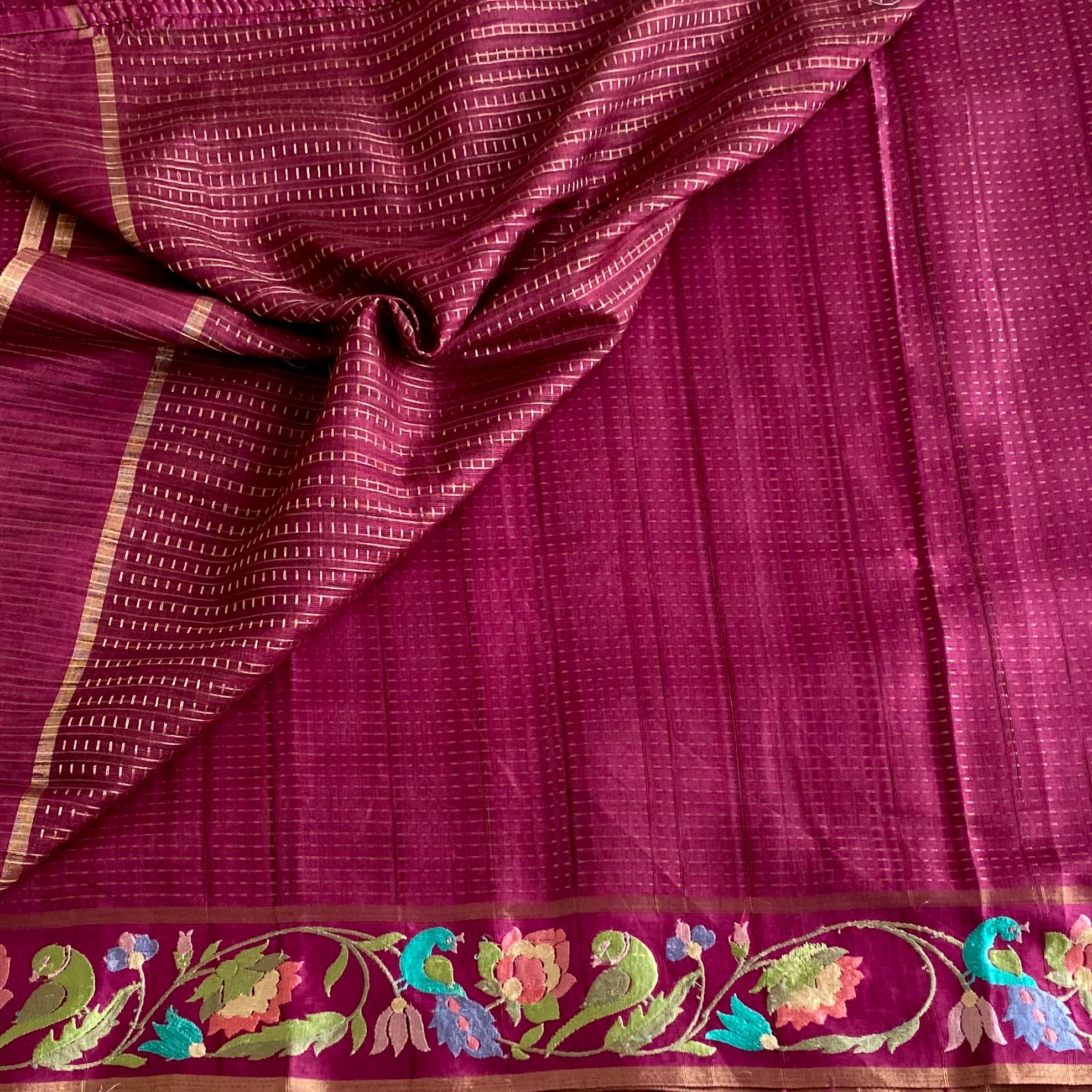 Wine Magenta Silk With Designer Floral Embroidered Borders & Pallu