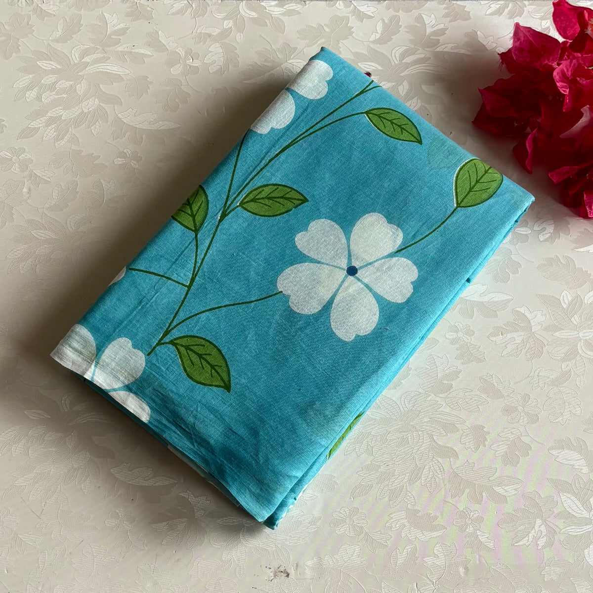 Turquoise Floral Dream Handblock Printed Soft Cotton Saree