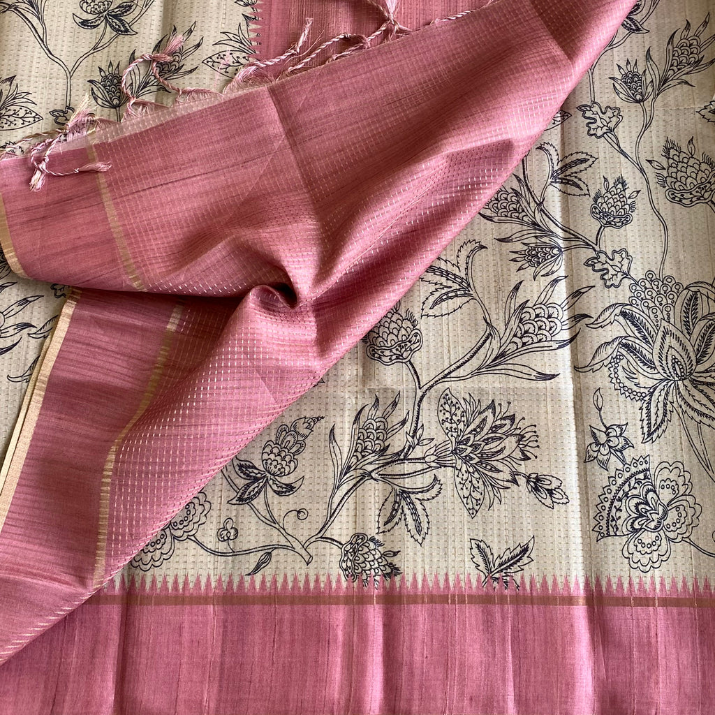 Classic Tussar Beige With Pastel Dusty Rose With Designer Zari weave