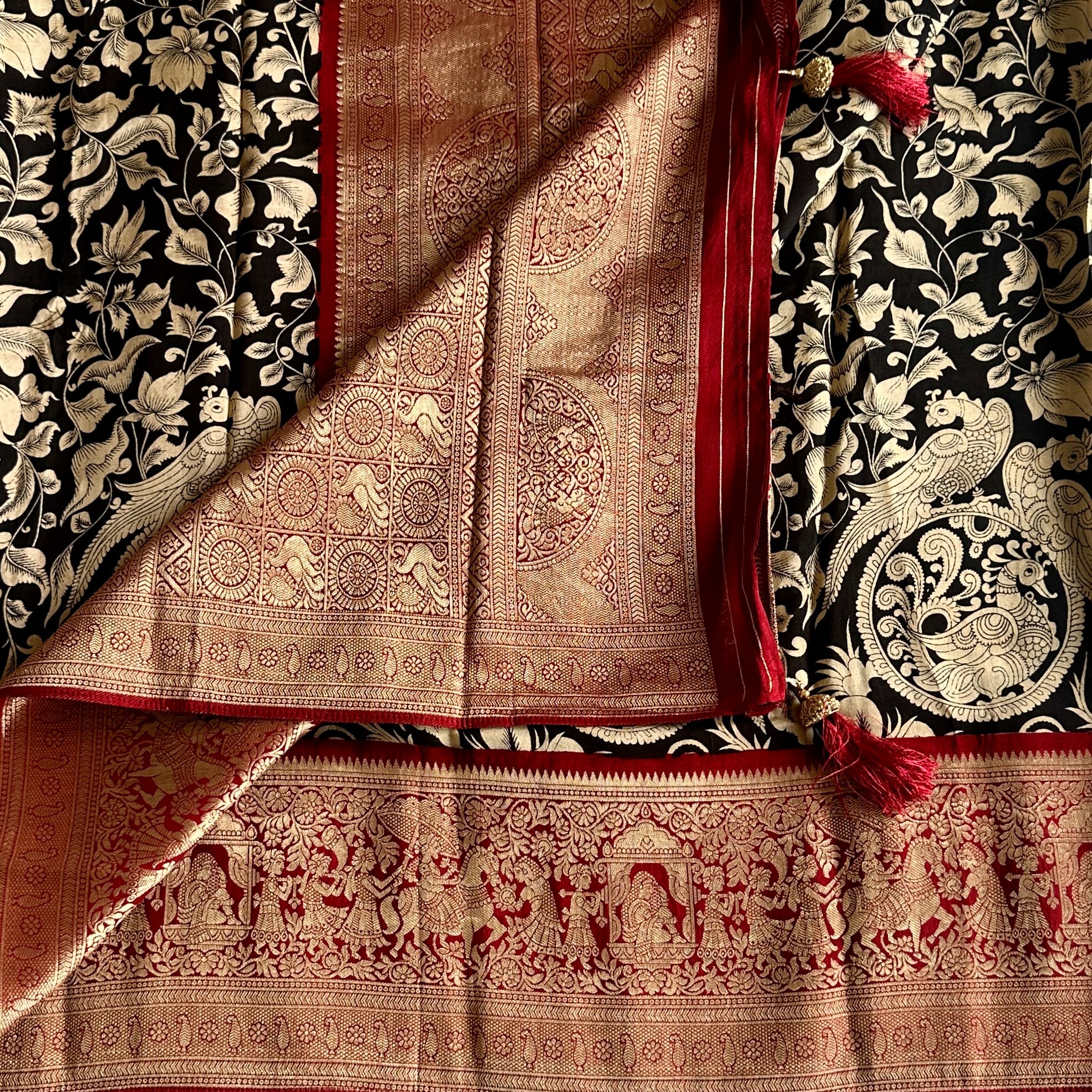 Jet Black Kalamkari Soft Tussar Silk Saree With Deep Maroon Pallu