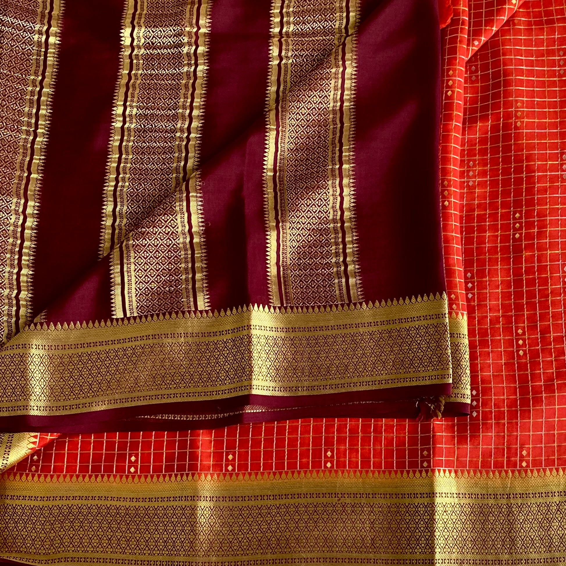Classic Rust with Espresso Brown Checkered Mysore Silk