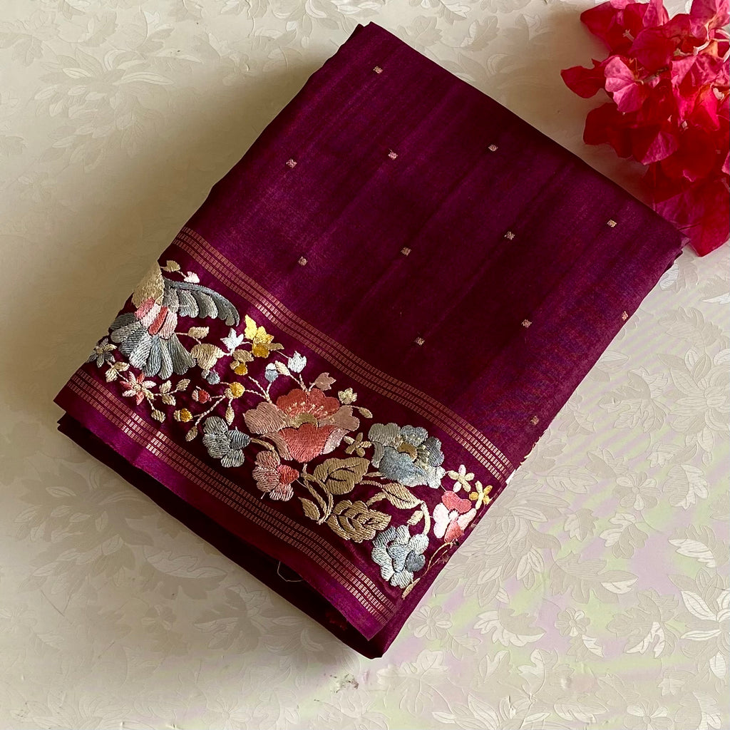 Deep Plum Soft Tussar Silk Saree With Coral Pink Embroidery