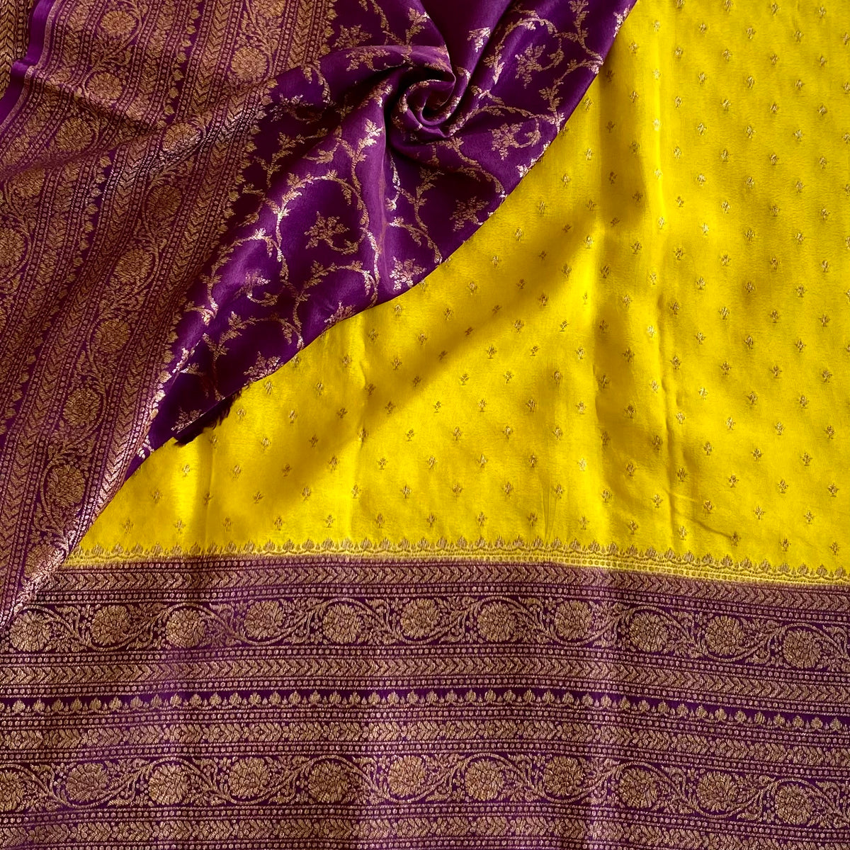 Lime Yellow Banarasi Crepe Silk Saree With Royal Purple Gold Brocade