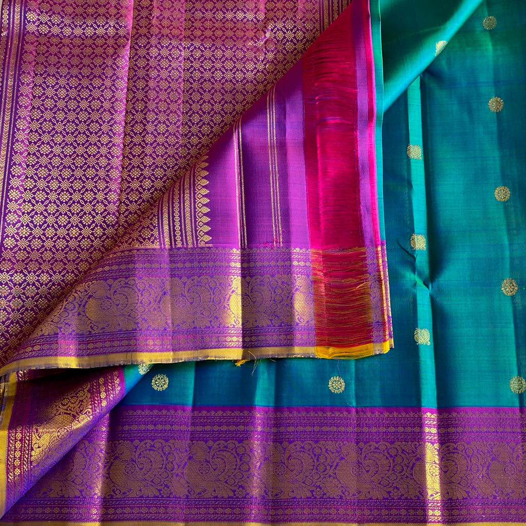Stunner Peacock Blue Kanjeevaram Pure Zari Silk Saree With Dual Violet Purple Pallu