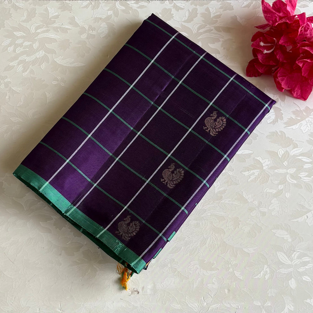 Brinjal Purple Designer Checkered Pure Silk With Mint Green Pallu