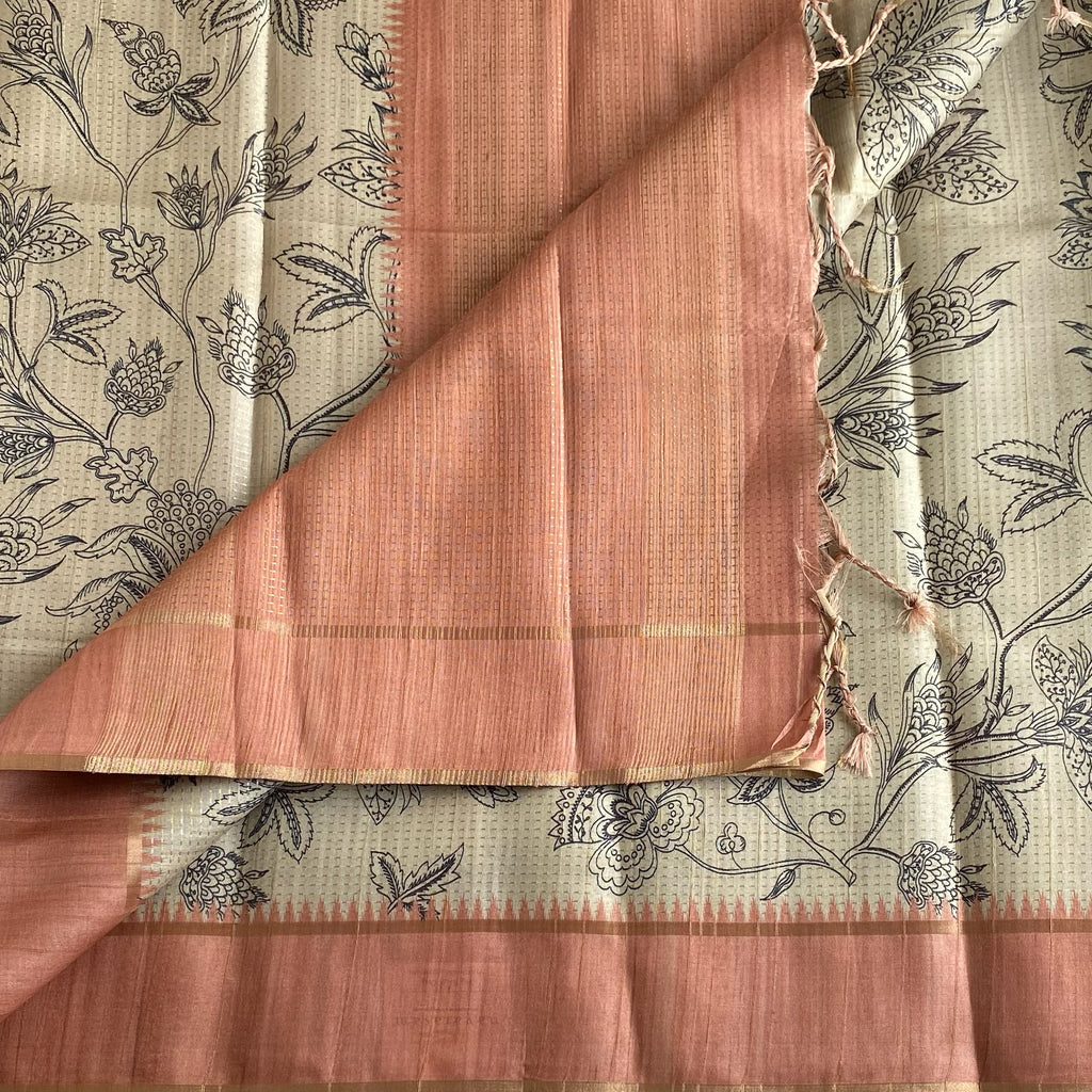 Ecru Beige Soft Tussar Silk Saree With Pastel Orange Panel