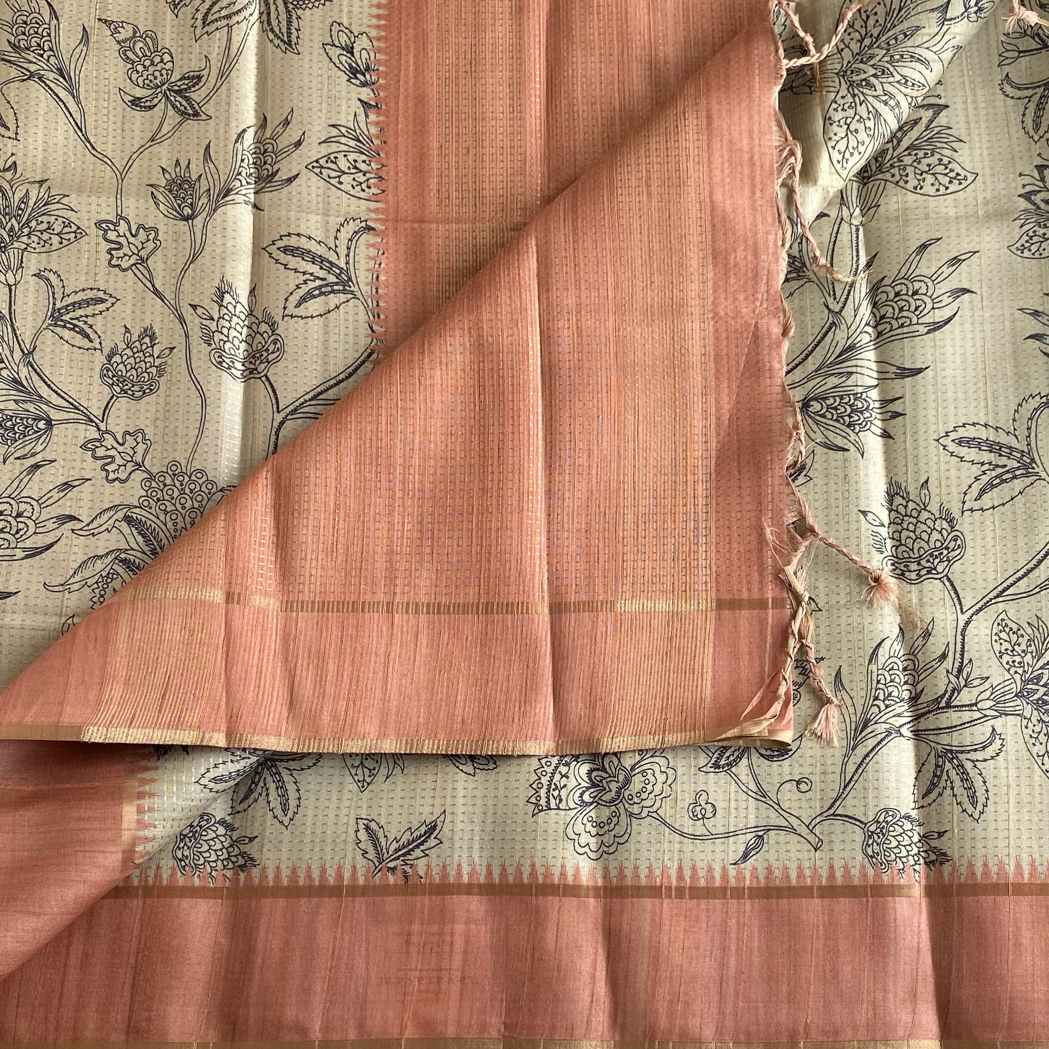 Ecru Beige Soft Tussar Silk Saree With Pastel Orange Panel