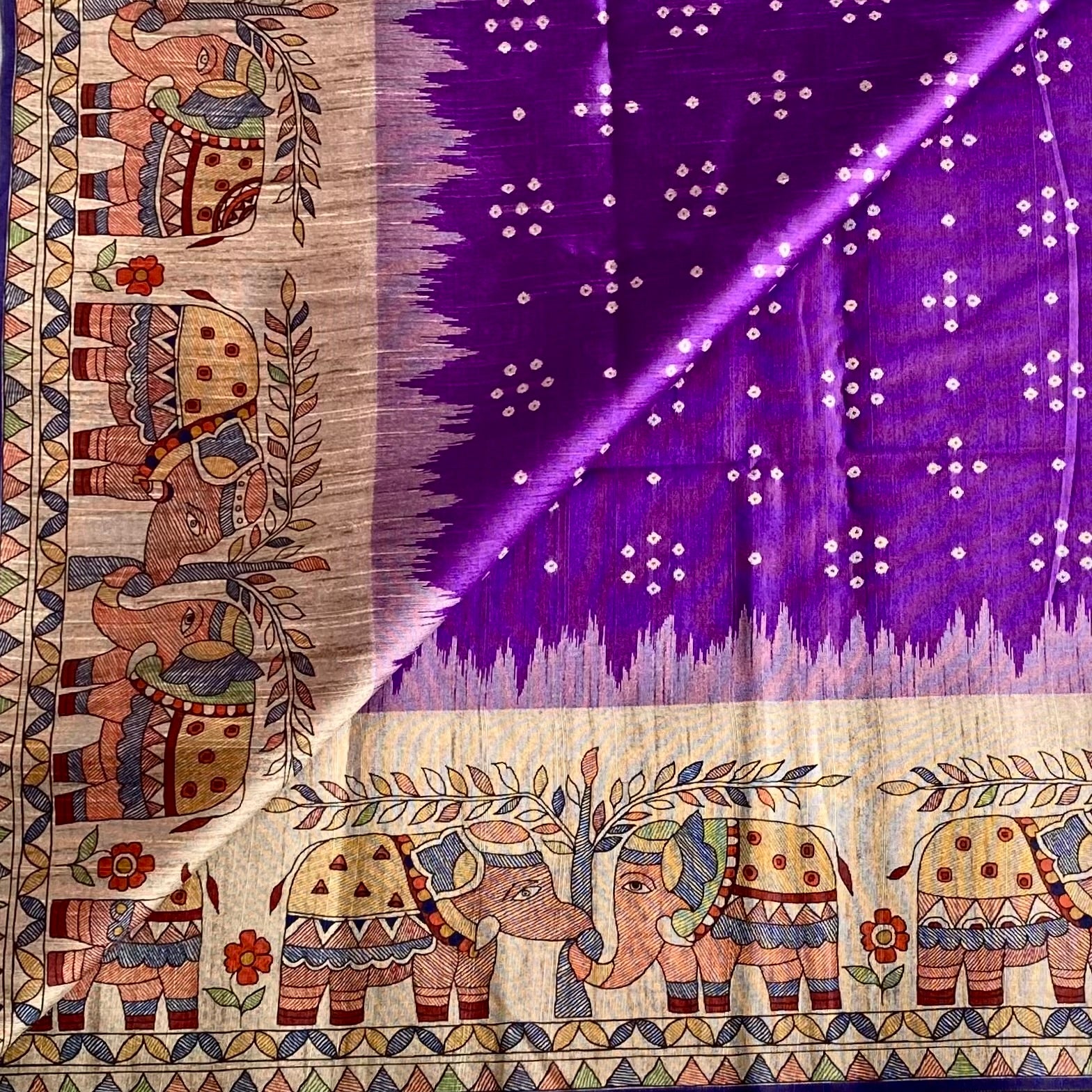 Rich Violet Soft Tusaar Silk with Printed Designer Warli Borders & Pallu