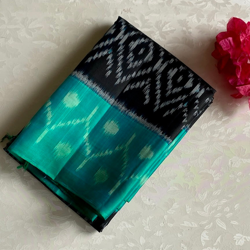 Black with Teal Stunner Ikkat Designer Pure Silk