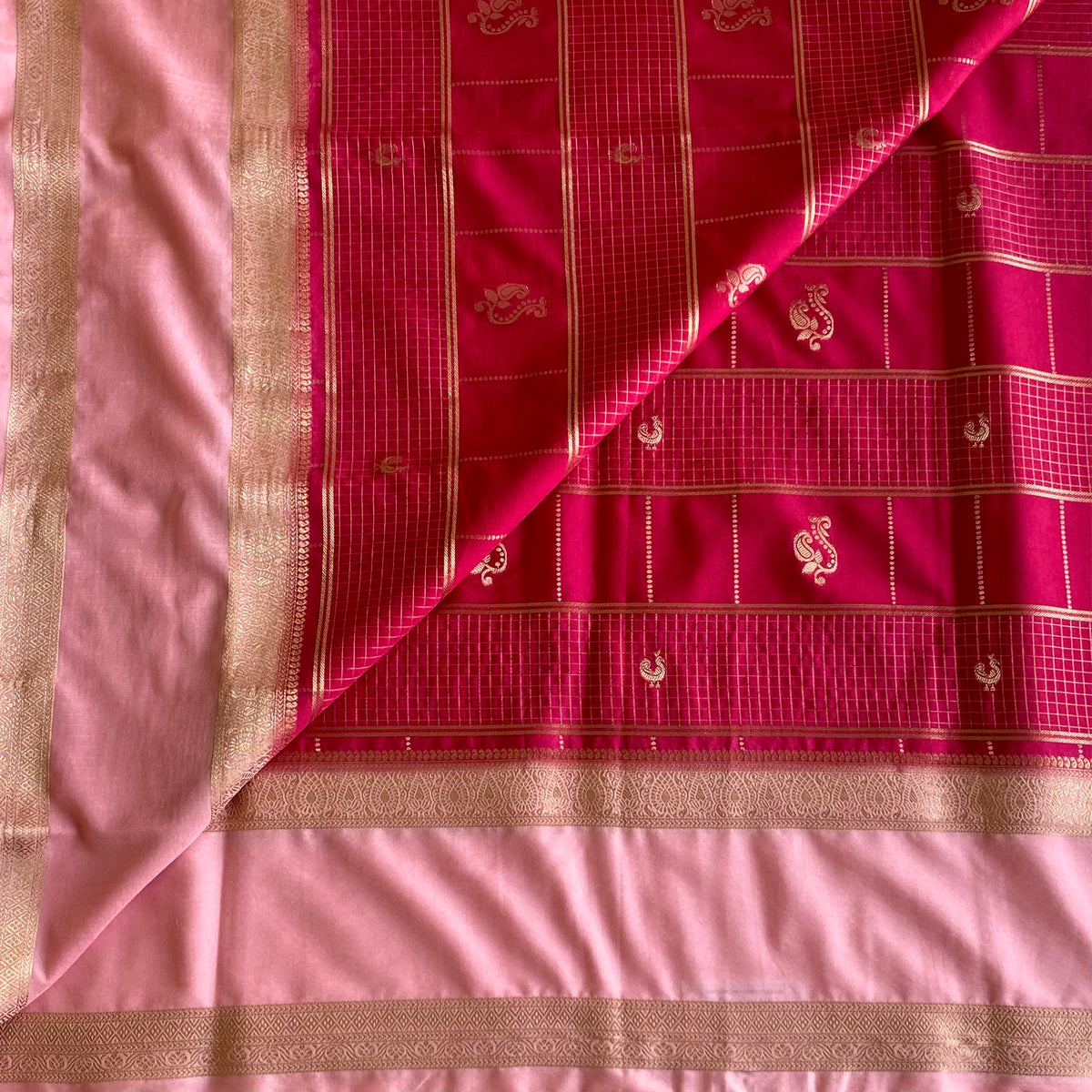 Cherry Pink Soft Tussar With Blush Pink Checkered Weave