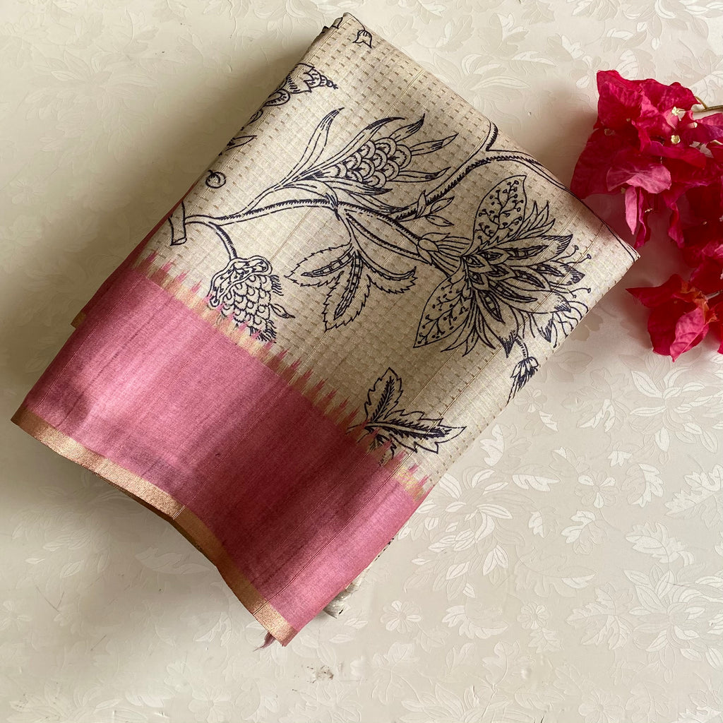 Classic Tussar Beige With Pastel Dusty Rose With Designer Zari weave
