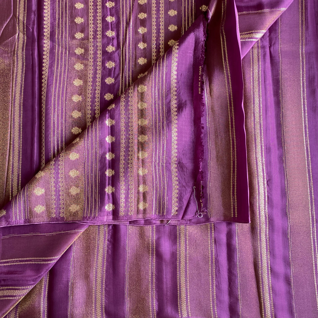 Metallic Lavender With Wine Soft Designer Saree With Gold Zari Striped Buttas