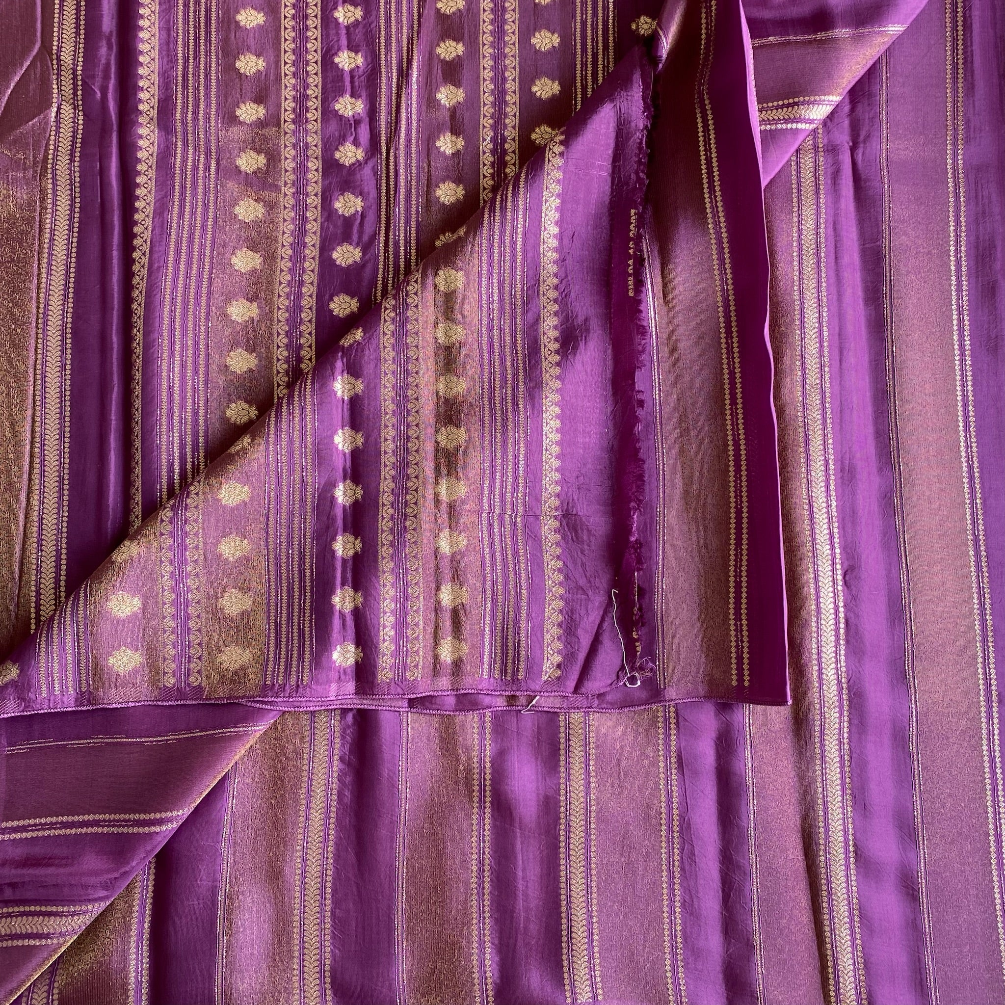 Metallic Lavender With Wine Soft Designer Saree With Gold Zari Striped Buttas