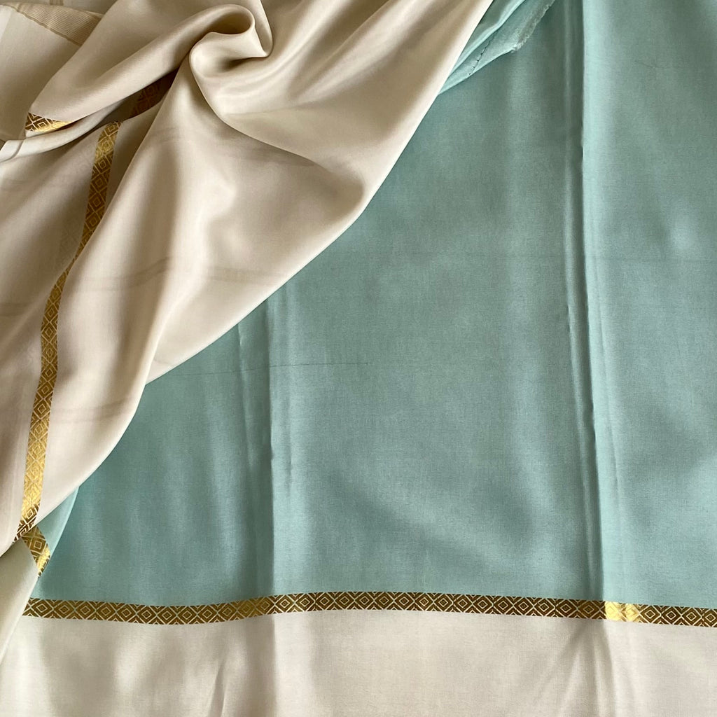 Pastel Powder Blue Mysore Crepe Silk Saree With Ivory Pallu And Gold Border