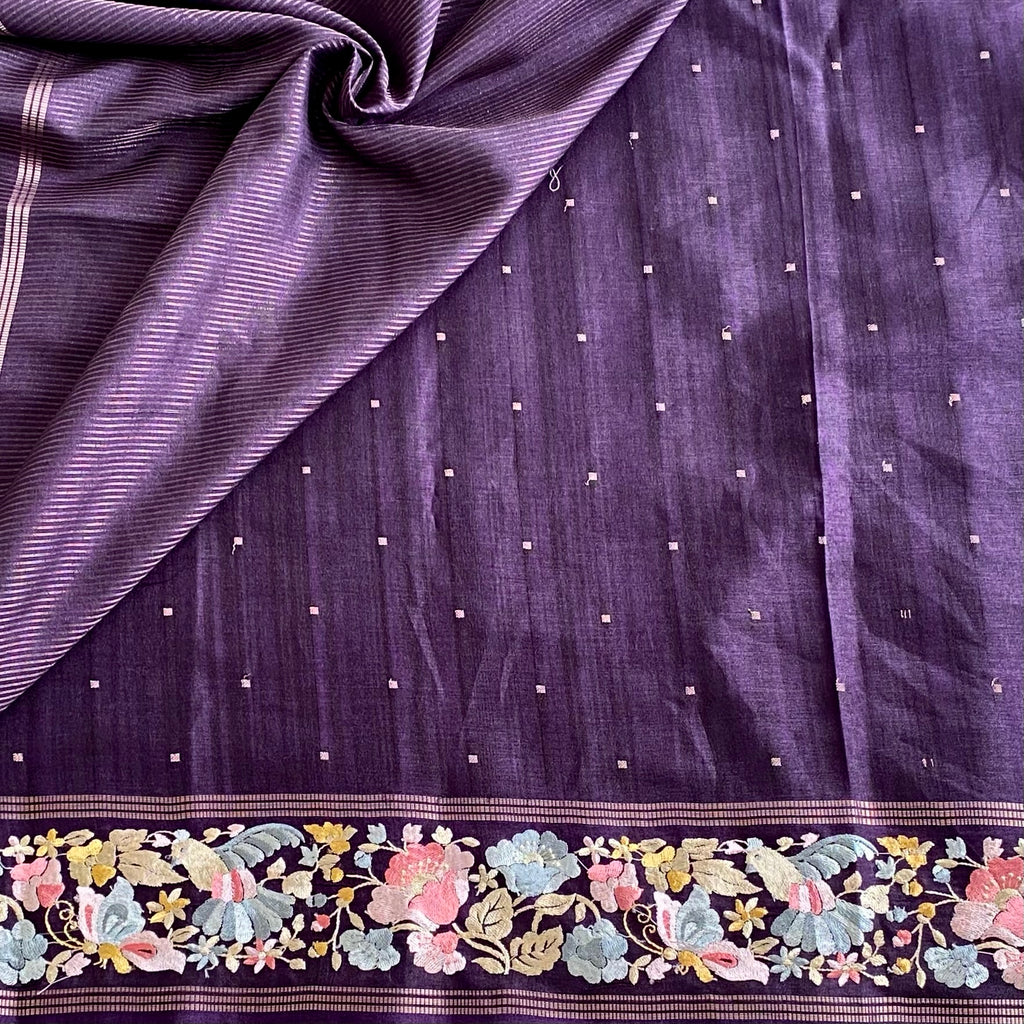 Deep Purple Soft Tussar Silk Saree With Embroidered Borders