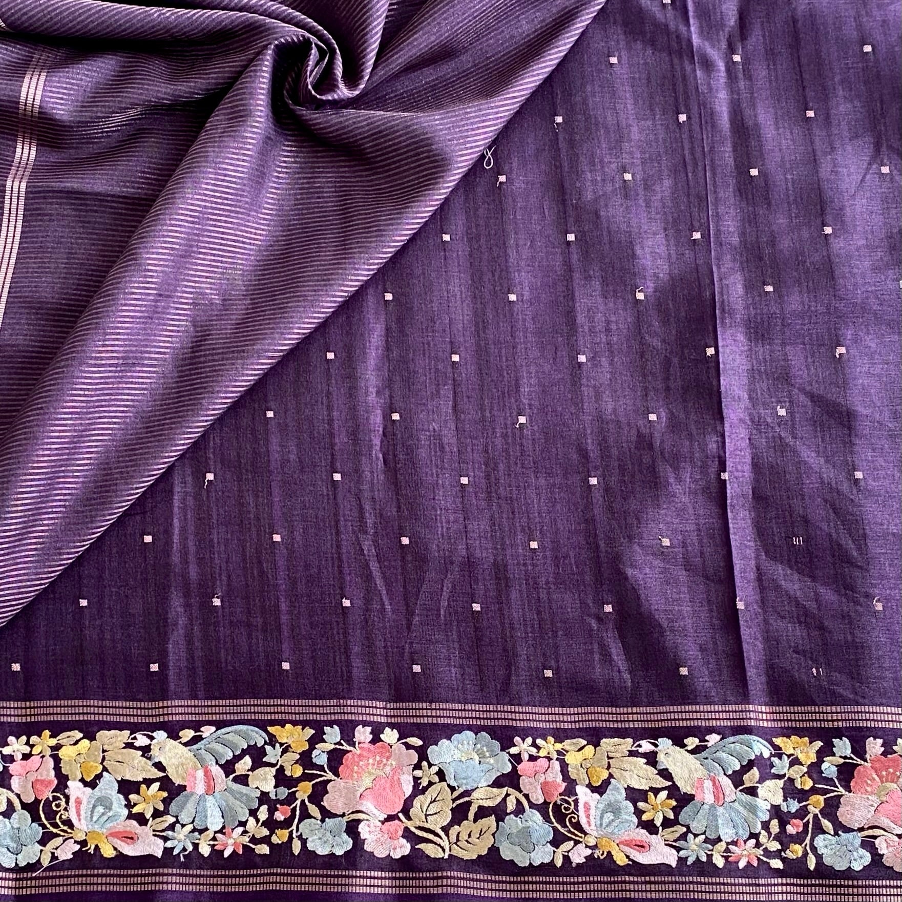 Deep Purple Soft Tussar Silk Saree With Embroidered Borders