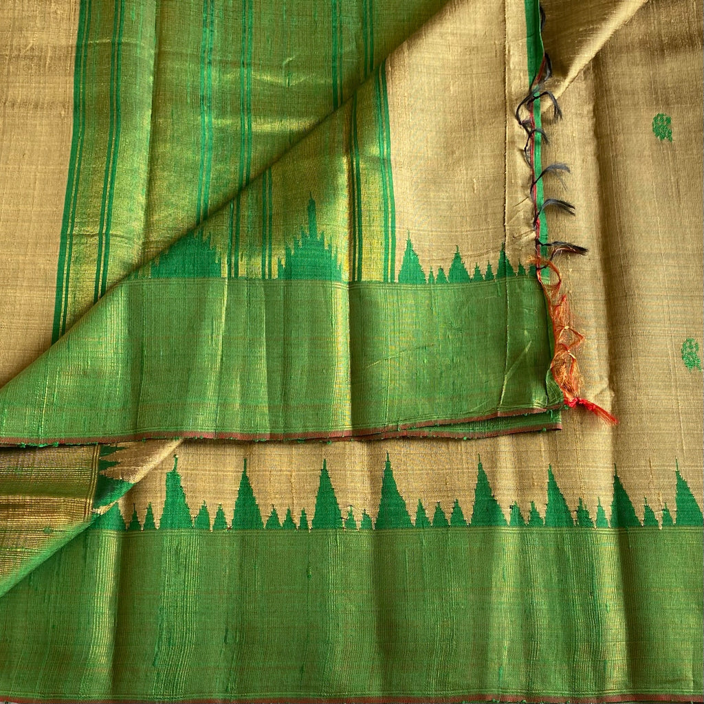 Stunner Antique Gold With Lustrous Green Handwoven Pure Raw Silk