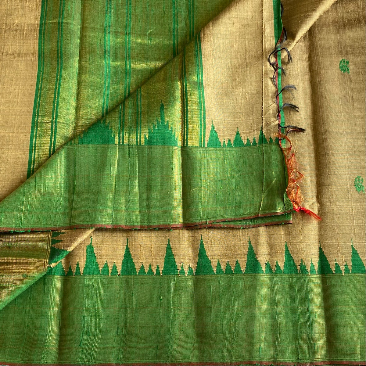 Stunner Antique Gold With Lustrous Green Handwoven Pure Raw Silk