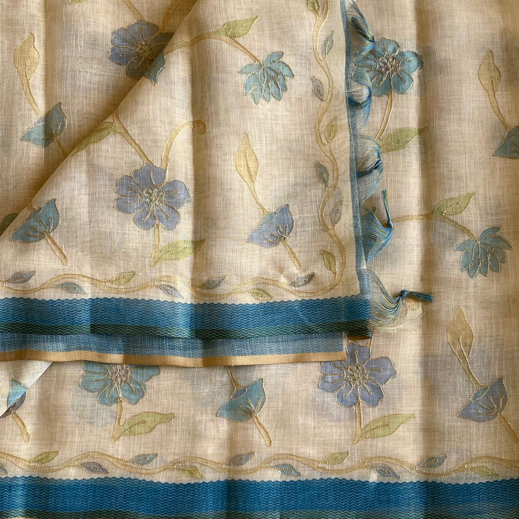 Pearl Beige & Blue Soft Tissue Linen With Designer Weave